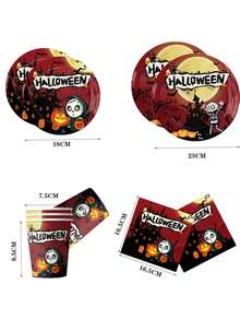 Juego de 50 piezas de vajilla desechable para Halloween, platos de papel, vasos y servilletas con estampado de casa embrujada, calabaza, murciélago y Trick or Treat, tema clásico de Halloween naranja, suministros para fiesta infantil, elementos esenciales para la decoración de la mesa de cena familiar de Halloween - Multicolor - Ver 6