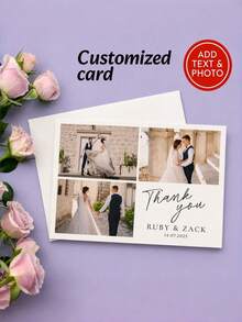 Personalized Paper Thank You Card, Rustic Four Photo Collage Design, CreamWhite Border, Custom Names & Date Detail, Wedding Greeting Card For Bridal S - Multicolor - View 1