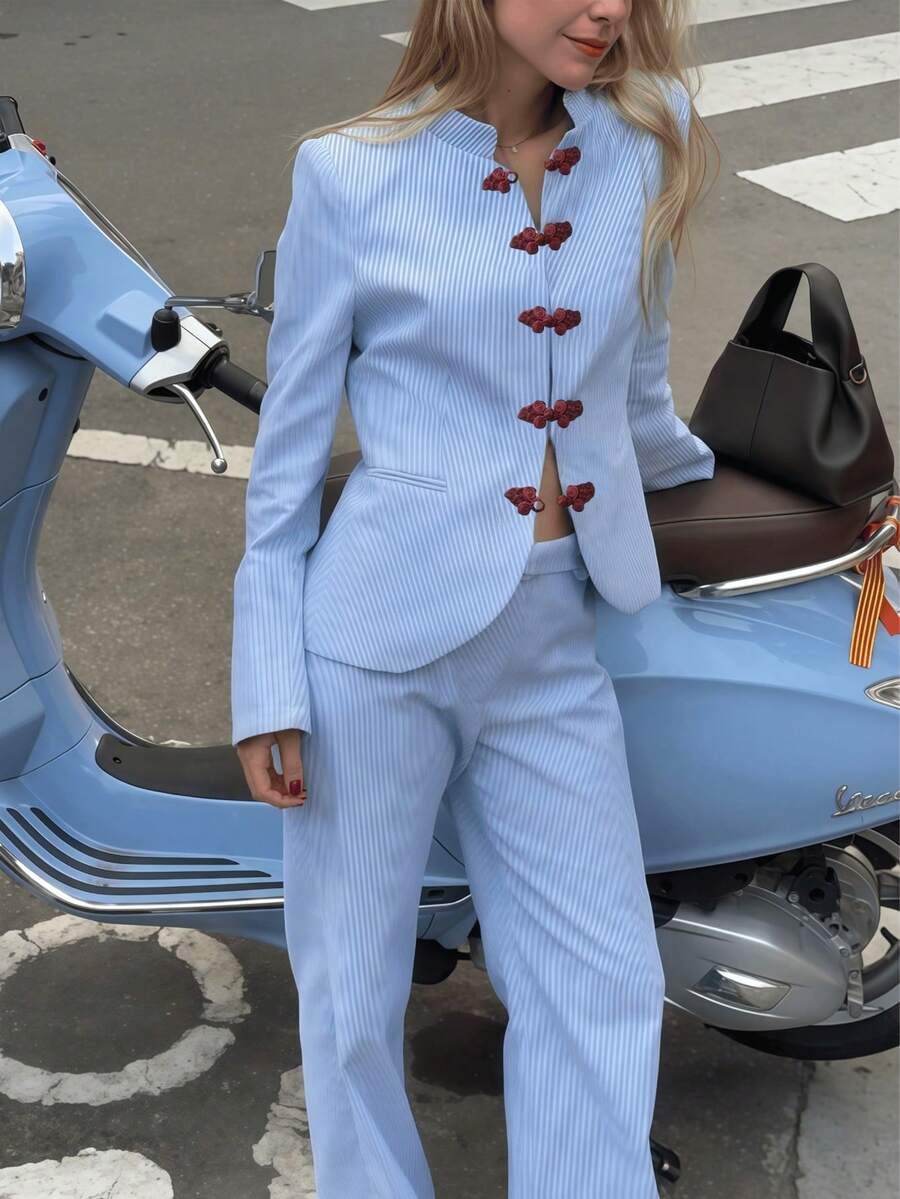 Fashionable Elegant Long Sleeve 2 Pieces Set, Vintage Blue Vertical Striped Outfit With Frog Button And Small Stand Collar Design, Chinese Style Elements, Sophisticated And Exquisite - Blue - View 1