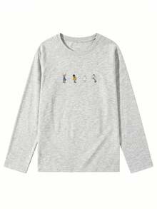 Kaos Lengan Panjang Wanita Longgar, Modis, Serbaguna dengan Motif Kartun, Kasual Musim Semi/Gugur - Abu-abu muda - View 7