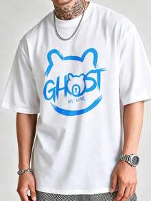 Estilo casual de ropa urbana, camiseta para hombre, estampado gráfico de oso fantasma azul sin , uso diario de verano,% algodón, camiseta de manga corta con cuello redondo. - Blanco - Ver 2