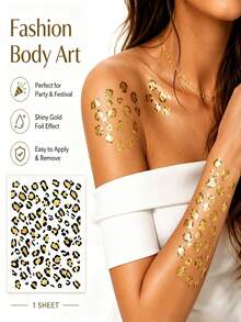 1pc Y2K Gold Foil Leopard Print Tattoo Sticker, Vintage Leopard Pattern, Music Festival Party Hot Girl Skin Atmosphere Decoration Sticker - Multicolor - View 1