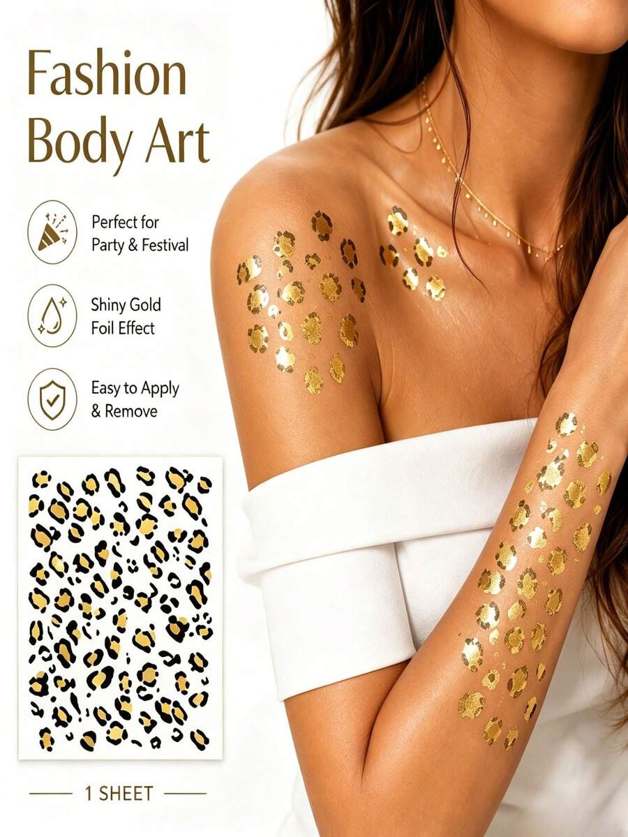 1pc Y2K Gold Foil Leopard Print Tattoo Sticker, Vintage Leopard Pattern, Music Festival Party Hot Girl Skin Atmosphere Decoration Sticker - Multicolor - View 1