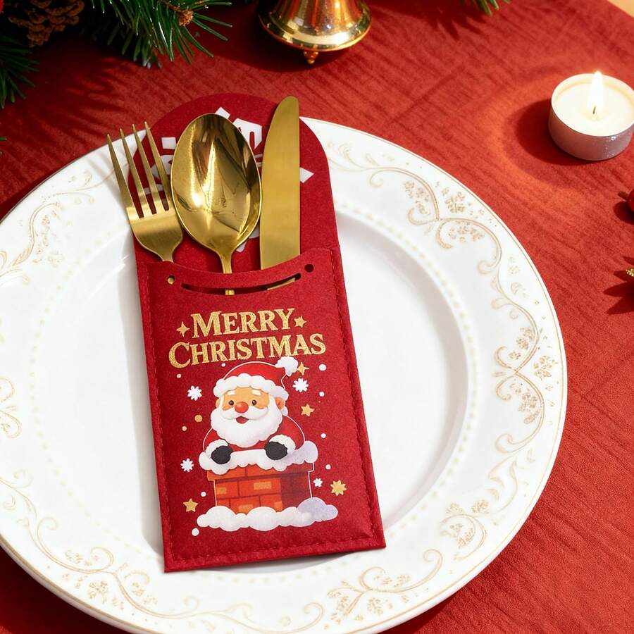 10pcs Felt Cutlery Bag Set For Christmas Parties | Reusable Cutlery Holder Set | Holiday Cutlery Roll For Thanksgiving, Easter, And Halloween | Holiday Table Decor, Birthday, And Shower Gift Ideas - Multicolor - View 1