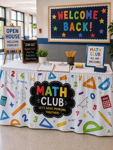 1 pieza Falda de mesa del club de matemáticas de vuelta a la escuela, mantel plisado con patrón de papel cuadriculado, regla numérica, calculadora y geometría, con cierre de gancho y bucle, antiarrugas y lavable, adecuado para escritorio de profesor de aula, actividad educativa, decoración de soporte de exhibición escolar - Multicolor - Ver 7