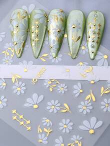 6入白色花朵與金葉3D箔面美甲貼紙，夏季花卉花瓣葉片金邊美甲貼花，自黏式美甲藝術裝飾美甲滑片，美甲配件沙龍裝飾DIY用品 - 彩色 - 查看 6
