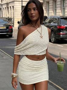 Women's Sexy Asymmetric Neckline Ruched 2 Pieces Set, White Semi-Sheer Crochet Crop Top And Mini Skirt, Suitable For Summer Party - Apricot - View 9