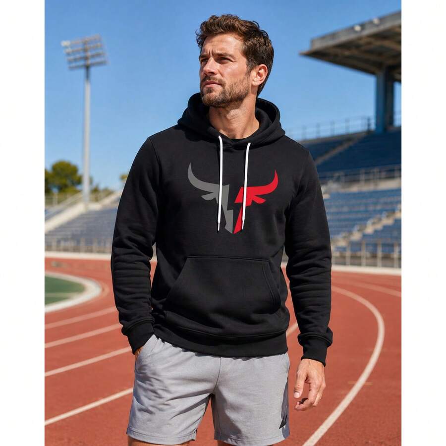JUNQi Colorblock Red & Grey Horn Pattern Sweatshirt, Minimalist Animal Logo Drawstring Pullover, Lightweight Comfortable Hip Hop Sports Casual Top - Multicolor - View 1