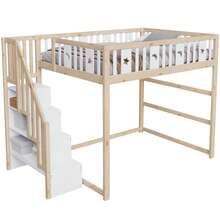 Kids Bed Frame 140x200 With Ladder, High Bed Frame Of Solid Wood With Mattress And Star/Moon - Natural and White - 查看 2