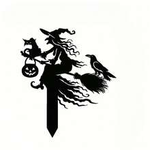 2D Flat, 1pc Halloween Garden Sign - Witch Cat, Crow Broom Lawn Decoration, Durable Outdoor Yard Or Home Decor, Easy To Install In Ground, No Electricity Required, Spooky Halloween Party Decoration Suitable For Porch, Fence Or Lawn, Classic Holiday Decor, Broom Silhouette, Holiday Decoration, 2D Flat - B - View 5