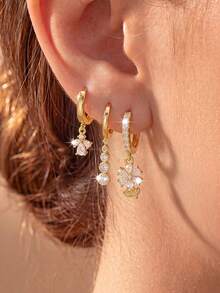 6pcs/Set Fresh Copper Inlaid Full Cubic Zirconia Flower Round Diamond Pendant Hoop Earrings Set Suitable For Women's Daily Commute And Date Wear - Flowers - View 2