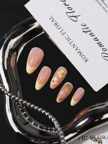 24pcs Cream Yellow French White Flower Long Pointed Press-On Nails, Nude Skin Tone Cream Yellow Base, Diagonal French Tip, Versatile Ballet Nails For Commute, Travel, Date, Daily Wear - 黃色 - 查看 6
