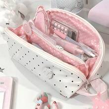 Cute Polka Dot Large Capacity Pencil Case, Multi-Layer Zipper Stationery Storage Bag With Inner Compartments, Highly Attractive Pencil Case For Back To School, Portable Makeup Storage Bag For Students And Girls,Back To School - W - View 1
