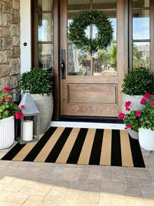 1pc Front Porch Door Mat/Rugs , Black And Brown Striped Outdoor Rug, Washed Indoor Outdoor Door Mat, Farmhouse Style Small Area Rug, Suitable For Front Porch/Entry/Home Entrance, Halloween Decor, Christmas Decrotions, Fall Decor, Fall Home Decor - A - View 1