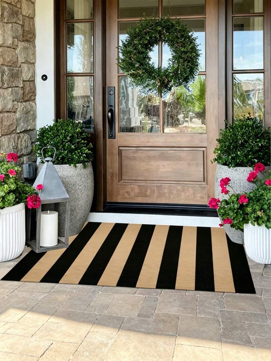 1pc Front Porch Door Mat/Rugs , Black And Brown Striped Outdoor Rug, Washed Indoor Outdoor Door Mat, Farmhouse Style Small Area Rug, Suitable For Front Porch/Entry/Home Entrance, Halloween Decor, Christmas Decrotions, Fall Decor, Fall Home Decor - A - View 1