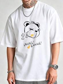 Men's Casual Urban Style T-Shirt, Cartoon Bear Graphic Print "Inhale And Exhale", Daily Summer Wear, Cotton, Breathable And Comfortable T-Shirt - Black - View 6