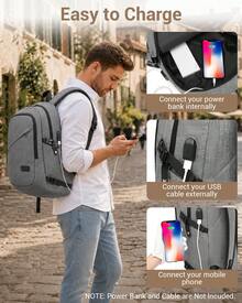 Laptop Backpack 15.6 Inch Large Travel Rucksack USB Charging Port Anti Theft Lock Water Resistant Computer Backpack For Men Women School Office - Light Grey - View 5