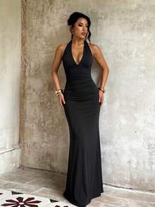 Fall, Elegant Party Dress, Women's Waist Halter Backless Beach Dress, Perfect For Weddings, Festivals, Back To School, Halloween - Black - View 1