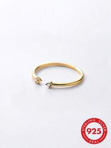 1pc S925 Sterling Silver Minimalist Plain Band Open Ring With Rhinestones, Korean Ins Cold Style, Fashionable Unique Niche Design, Adjustable Line Joint Ring, Sweet Fresh Versatile Elegant, Stackable Delicate Small Index Finger Ring, Pinky Ring - Diamond - View 6