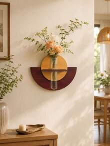 1pc Wooden Wall Hanging Vase, Nordic Geometric Design, Country Style, Floral Arrangement, Dried Flower Vase, Wall Hanging Hydroponic Vase, Suitable For Fresh Flowers And Dried Flowers, Ideal Choice For Home And Office Decoration - Multicolor - View 4