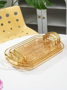 1PC-Gold Thickened Transparent PET Rectangular Dining Tray, Thickened PET Rectangular Tea Cup Coffee Cup Water Cup Dining Double Handle Transparent Glacier Pattern Tray, Durable - Perfect For Home Living Room Decor, Weddings And Parties - Transparent Gold - View 2