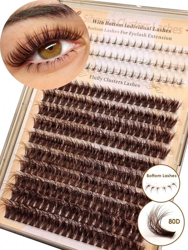 Sibeuna 260pcs 80D Brown Fluffy Cluster Lash Extensions With Brown Individual Bottom Lashes C/D Mix DIY Segmented Volume False Eyelashes For Natural Soft Eye Makeup Brown Eyelash
