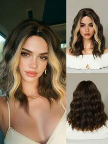 7JHH WIGS Short Wavy Dark Brown Wig Mixed Beige Highlight Wigs For Women 14 Inch Shoulder Length Bob Curly Middle Part Wigs, Natural Synthetic Heat-Resistant Fiber Hair For Daily Cosplay Party Use - Multicolor - View 2