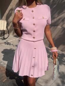 FOR BEAUTY Spring/Summer Women's Pink Round Neck Short Sleeve Knit Top With Pleated Skirt, Elegant Two Pieces Knit Set,Suitable For Parties And Dates - Pink - View 6