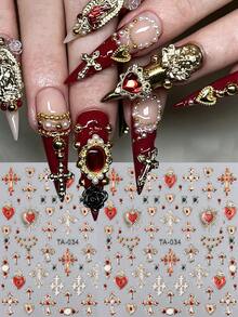Vintage Baroque Metallic Cross Sacred Heart Nail Stickers, Embossed 3D Self-Adhesive Nail Decals With Shiny Gold Outline & Vivid Red Heart Cross Motifs, Perfect For Luxury Gothic Retro Manicure, Professional Salon Beginner DIY Nail Supplies - Multicolor - View 2