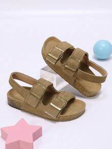 1 Pair Classic Unisex Kids Double Strap Hook & Loop Vintage Camel Color Versatile Beach Sandals Suitable For Summer - Camel - View 1