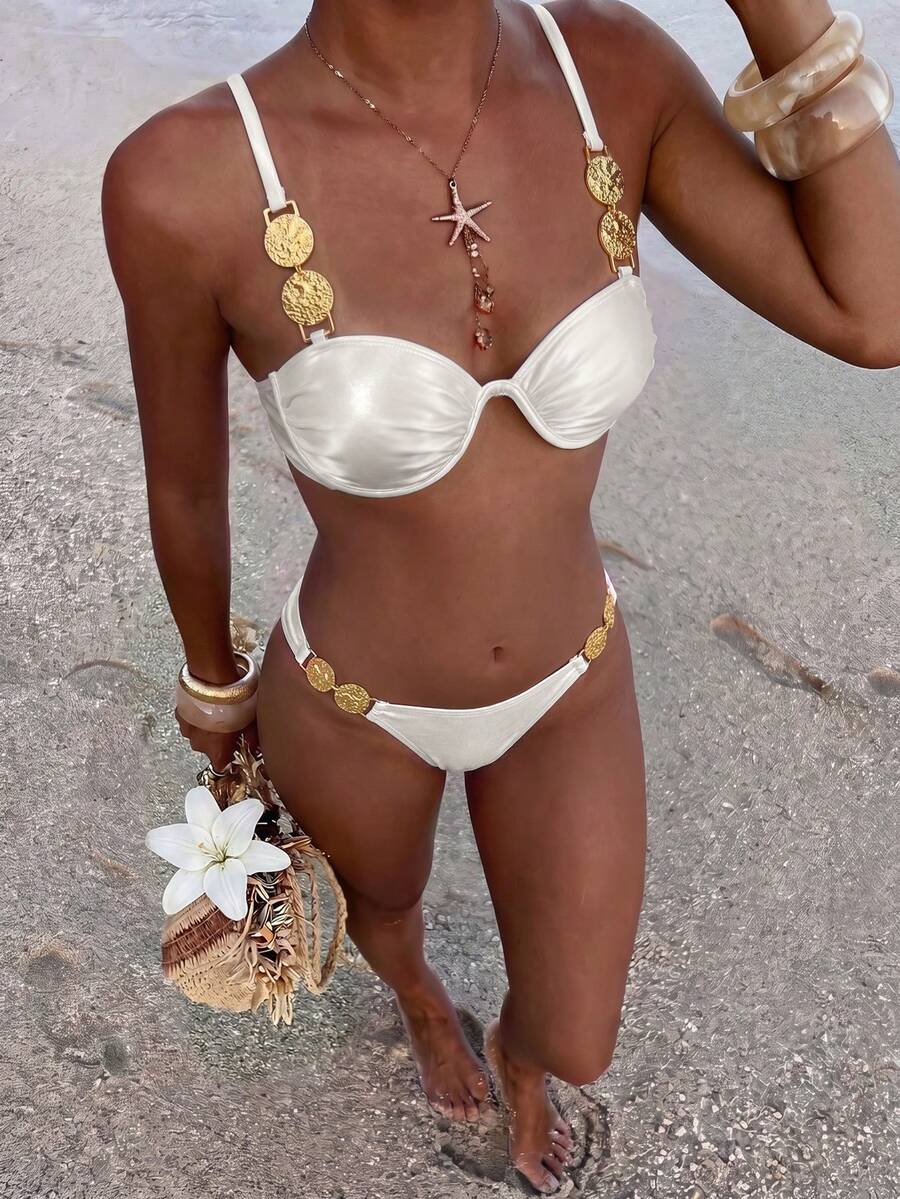 Bikinx Women's Solid Color Gold Decor Shoulder Strap Bikini Set Set, Underwire Style Back Tie Design, Suitable For Beach Vacation White Summer - White - View 1