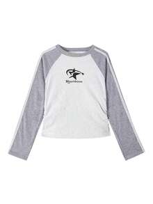 Kaos Lengan Panjang Raglan Sporty dengan Garis Kontras Kasual - Light Grey - View 4