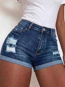 Women's Summer Casual Party Rolled Up Denim Shorts Music Festival Sexy Stretch Ripped Skinny Jeans With Frayed Hem And Pockets - Dark Wash - View 1