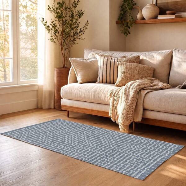 KIWI MOBLEKIT | Cotton Rug 60x90 Cm Blue With Geometric Design, Living Room And Bedroom Rug, Soft 100% Cotton Fabric, OEKO-TEX Standard 100 Certified, Nordic Style