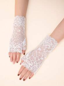 Flower Lace Open Finger Gloves Valentine's Day Valentines Autumn Accessories - White - View 6