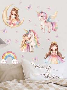 1pc Rainbow Moon Crown Girl Unicorn Butterfly Wall Decor Sticker, Removable Wall Decal For Bedroom, Living Room, Kids Room - 1PC - View 2