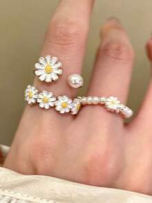 3 piezas/Set Anillos de Perla Margarita para Mujeres, Estilo Mori Minimalista Dulce y Fresco, Anillo Abierto de Diseño de Nicho Apilable para el Dedo Índice - Multicolor - Ver 6