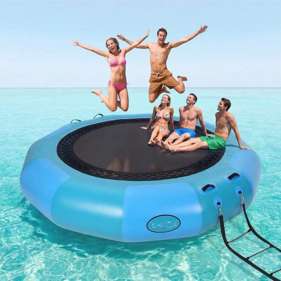 10x10 FT Heavy Duty Inflatable Water Trampoline with Double Elastic Ropes, Electric Pump and Rope Ladder, Floating Bouncer for Adults and Kids, Perfect for Pool, Lake and Calm Sea - Azul - Ver 1