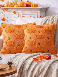 1/2 Stücke Herbst Kürbis Orange Kissenbezüge 18x18, Halloween Thanksgiving Innen Dekoration, Sofa Dekokissen, Feiertags Heim Dekoration - orange - Übersicht 9