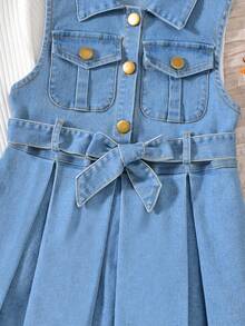 Vihyde Girls Korean Style Long Sleeve Inner Layer & Denim Pleated Pinafore Dress & Belt 3 Pieces Set - Light Wash - View 6