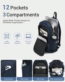 Large Laptop Backpack 15.6 Inch USB Charging Port Anti Theft With Lock Water Resistant Business Travel Rucksack Work Computer Backpack For Men Women School Office Gift Dark Blue - 深藍色 - 查看 6