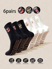 1/3/6 Pairs Women's Black & White Cherry Tennis Racket Pattern Pilates Silicone Non-Slip Sports Yoga Socks, Suitable For Indoor Professional Fitness, Dance Training - Multicolor - View 10