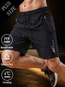 Plus Size Men's Summer Elastic Straight Leg Bermuda Shorts, Solid Color Drawstring Waist Lightweight Running Fitness Sports Pants - Black - View 3