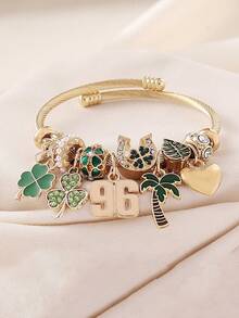 1pc Saudi Arabia 96th National Day Commemorative Green Palm Tree 96 Number Clover Pendant Beaded Bracelet Multi-Element DIY Bangle Suitable For Women Daily Holiday Celebration Party Wear - Green - View 3