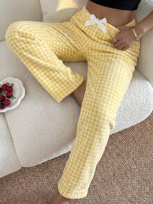 1pc Women's Dual-Color Plaid Print Soft Comfortable Flannel Thermal Lined Pajama Pants, Autumn/Winter - Yellow - View 4