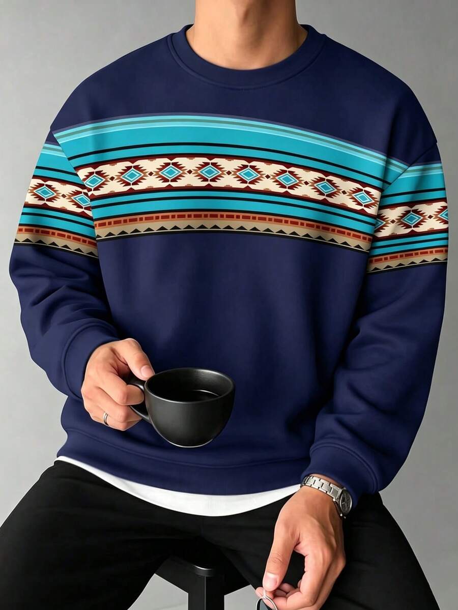 Men's Vintage Geometric Print Loose Drop Shoulder Long Sleeve Sweatshirt - Multicolor - View 1