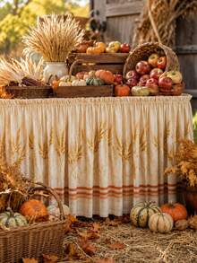 1pc Farmhouse Style Autumn Table Skirt, Gold Wheat Ear Striped Vintage Print Pleated Tablecloth, Hook And Loop Anti-Wrinkle Washable, Suitable For Thanksgiving Harvest Party, Autumn Wedding Buffet, Catering Event Table Decoration - Multicolor - View 6