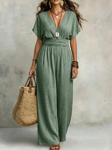Mono largo de verano con mangas de murciélago, cuello en V y nudo, estilo casual de vacaciones, holgado, talla grande, ropa de calle diaria, pierna ancha, color café oscuro para mujer - Verde militar - Ver 2