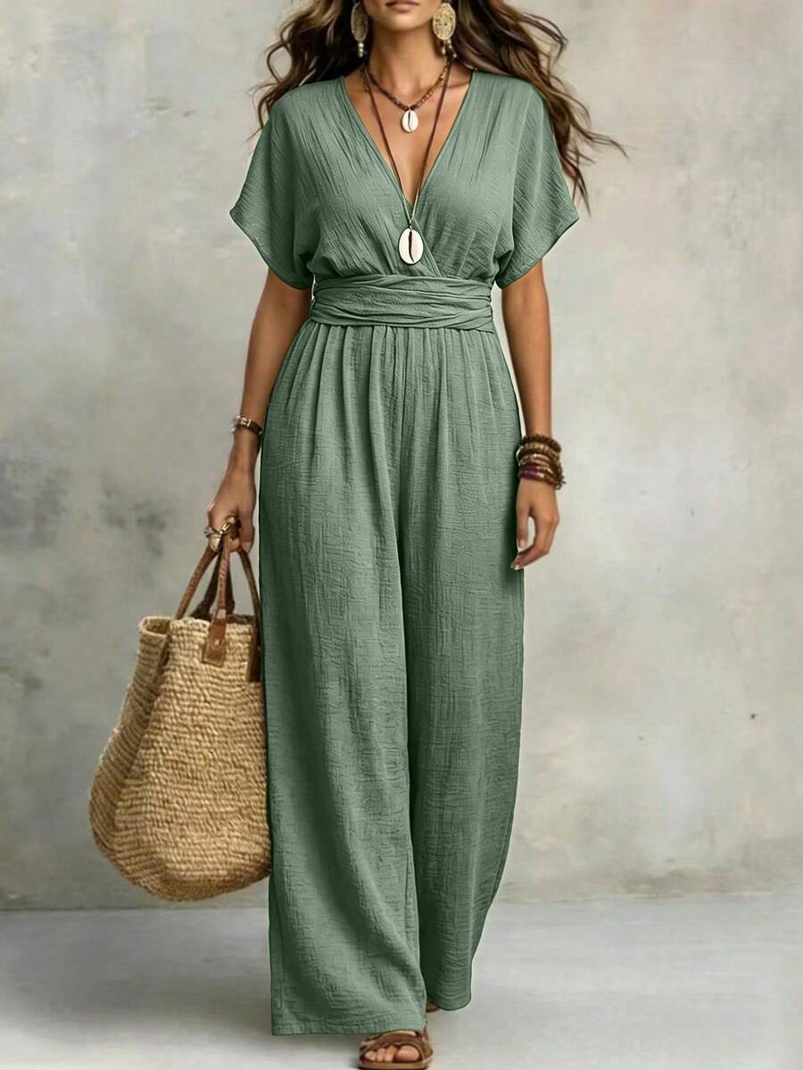 Mono largo de verano con mangas de murciélago, cuello en V y nudo, estilo casual de vacaciones, holgado, talla grande, ropa de calle diaria, pierna ancha, color café oscuro para mujer