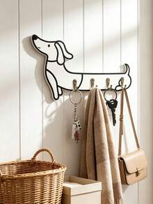 White Dachshund Wall Hook Storage Rack, Wooden Key Holder With 4 Hooks, Suitable For Bedroom And Office Decor, Modern Style Metal Clip, Housewarming Gift - Multicolor - View 6